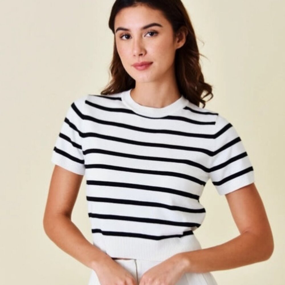 Happily Grey Sz L Striped White Black Crop Top Tee Shirt Stretch Pullover Blouse